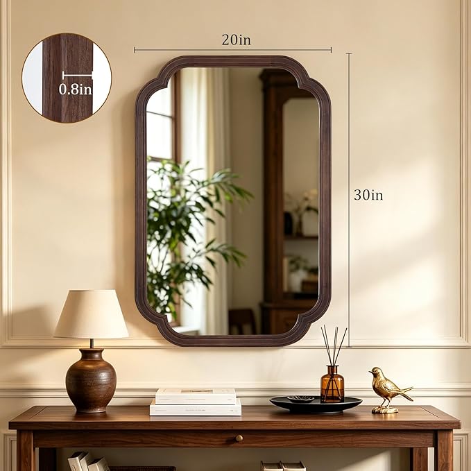 HOMECOOKIN Wood Bathroom Mirror for Wall Decor Arched Rounded Corner Rustic Wood Frame Wall Mirror Home Decorative for Vanity, Living Room, Bedroom, Entryway (20 x 30 inch, Walnut)