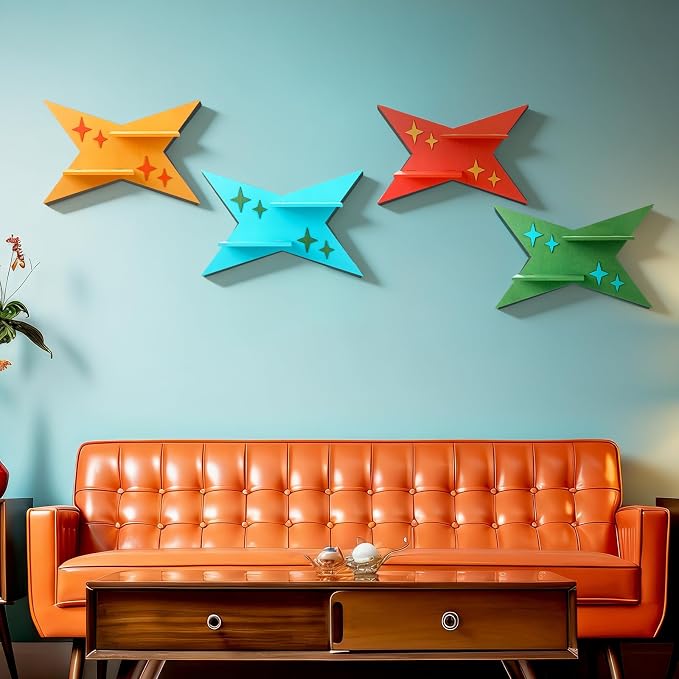 Threehoney Mid-Century Modern Wall Set of 4 Colorful Floating Display Shelves Retro Style Starburst Wall Mounted Shelves Storage for Bedroom, Living Room Decor(Four-Pointed Star)