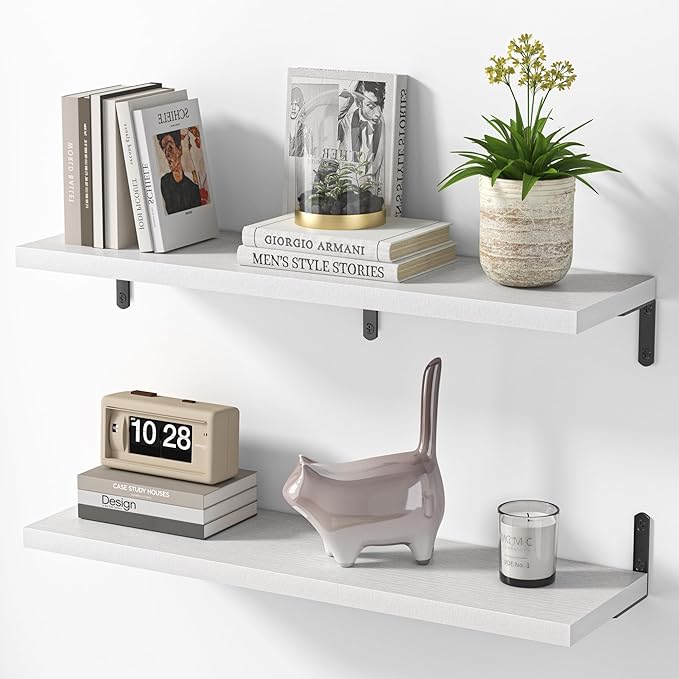 Marsmiles Extra Wide Floating Shelves for Wall, 32x8 Inch Natural Wood Grain Bookshelves, Heavy Duty Mounted Shelving for Bathroom, Kitchen, Living Room, Bedroom,Set of 2，White