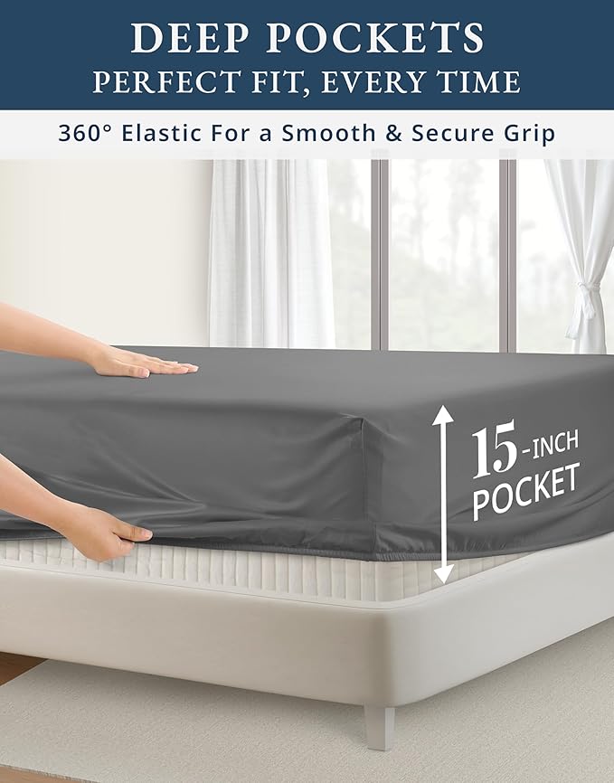 LANE LINEN 100% Egyptian Cotton King Sheets Set, Soft & Comfy Sateen Weave No Pill Mercerized Cotton Sheets King, Fully Elasticized Reinforced French Seam Fitted King Bed Sheets – Charcoal Gray