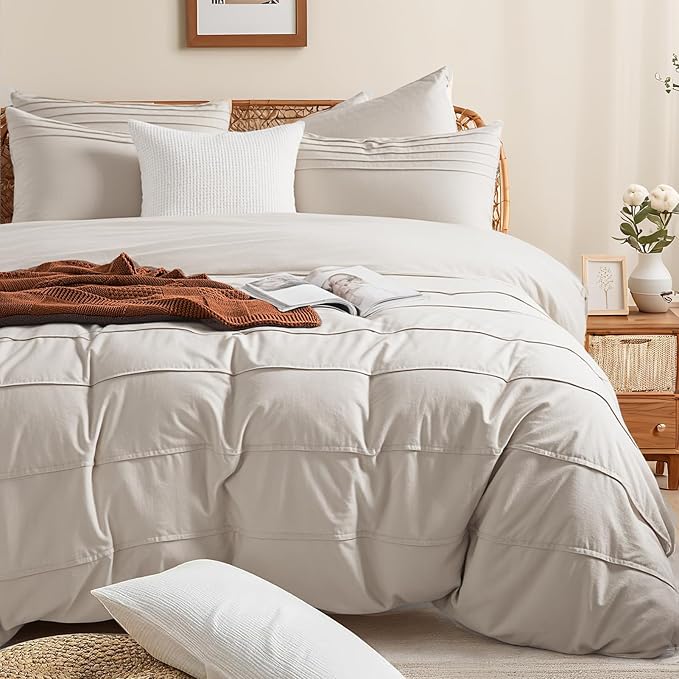 NEXHOME PRO 100% Organic Cotton Duvet Cover Super King Size, Linen Like Pleated Textured Tannish Linen Grey Duvet Cover Set, 3pc Bedding Set with Zipper Closure, Soft,108"x98", No Comforter