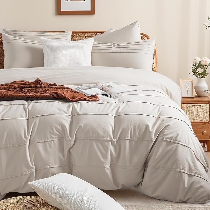 NEXHOME PRO 100% Organic Cotton Duvet Cover Queen Size, Linen Like Pleated Textured Tannish Linen Grey Duvet Cover Set, 3pc Bedding Set with Zipper Closure,Soft,Breathable,90"x90", No Comforter