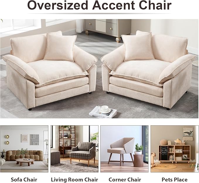 Oversized Chair with Ottoman, Comfy Chenille Accent Chair Large Upholstered Armchair with Extra Thick and Deep Seat Modern Lounge Chair for Living Room,Bedroom,Apartment