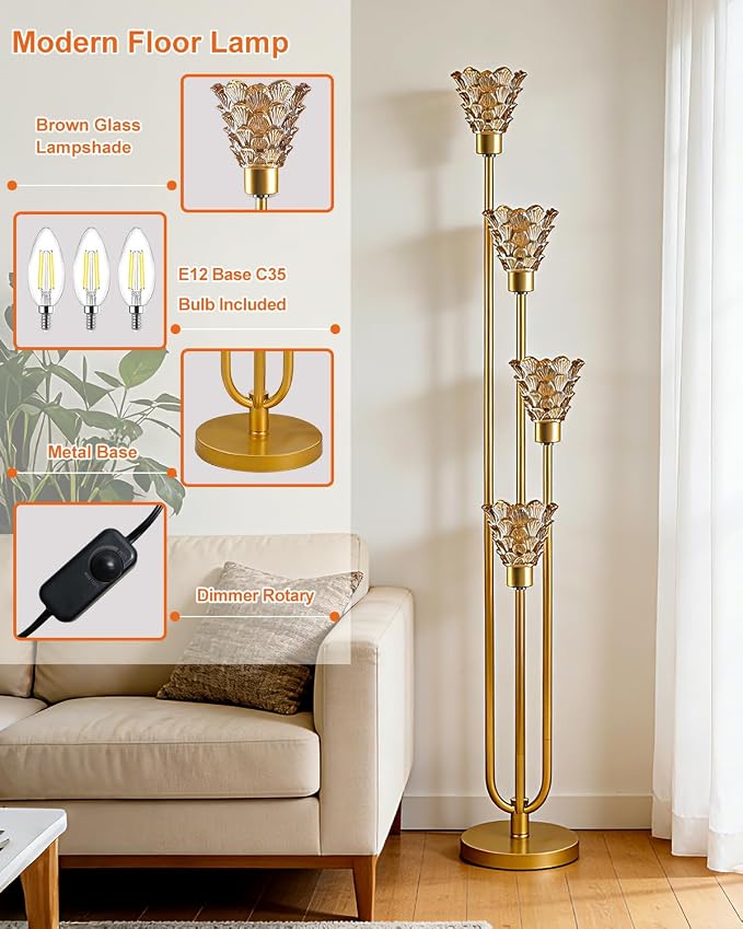 Lightdot Glass Floor Lamp Dimmable 4-Lights Gold with Amber Glass Shade 3000K Bulbs Included Mid Century Modern Standing Tall Lamp with 5Lbs Heavy Base for Living Room/Bedroom/Sofa Beside/Corner Decor