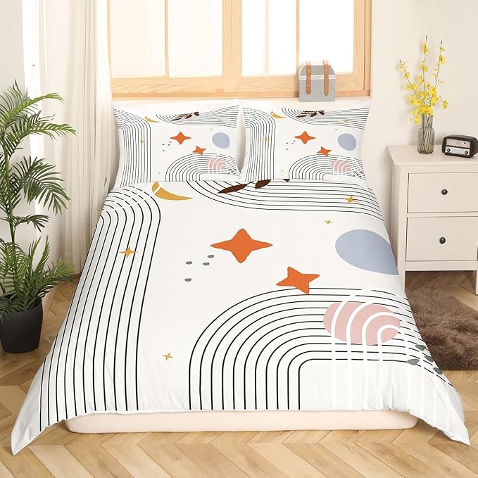 Erosebridal Abstract Red Sun Comforter Cover Geometric Lines Bed Set, Aesthetic Duvet Cover King Size Vintage Minimalist Bedding Sets, Modern Bedspread Cover Luxury Grey Circle Room Decoration