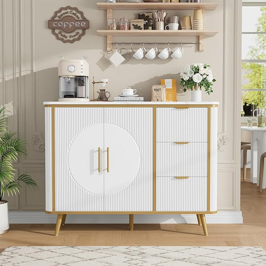 47.3" Modern Buffet Cabinet with Storage, Kitchen Sideboard Buffet with 2 Door & 3 Drawers, Fluted Caffee Bar Storage Cabinet for Dining Room, Living Room, Entryway, White