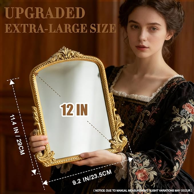 YUSONG Vintage Desk Mirror – 12" Gold Antique Tabletop Mirror with Resin Frame, Decorative Wall Art for Living Room Bedroom Vanity Desk Decor, Birthday Gift