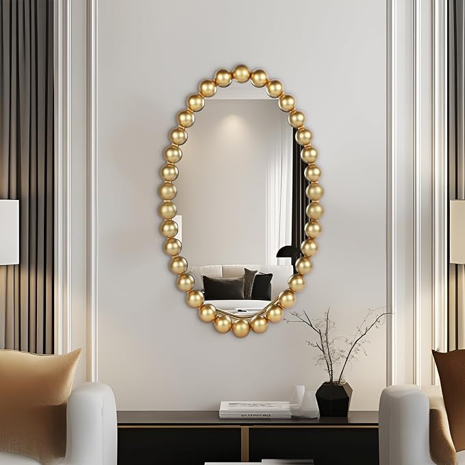 Oval Round Wall Mirror - 30 Inch Decorative Framed Bathroom/Living Room Accent Mirror with Beaded Ball Trim - Vintage Modern Style