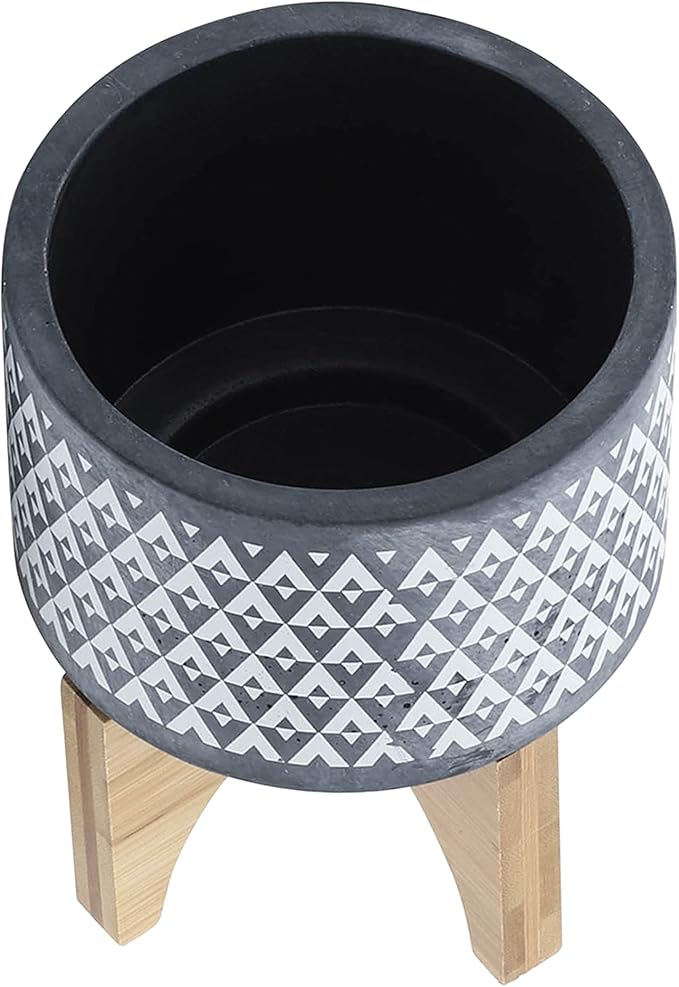 Aztec Decorative Planter Pot on Wooden Stand – Ceramic Stoneware Outdoor & Indoor Plant Pot with Gray Geometric Pattern – Modern Garden & Home Decor Ceramic Planters – 6", Gray