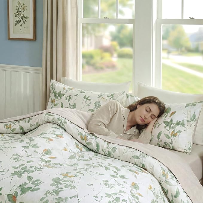 Floral Duvet Cover King Size 100% Cotton Reversible Green Floral Duvet Cover Set with Zipper Closure 3 Pcs Green Leaf Soft & Breathable Bedding Comforter Cover