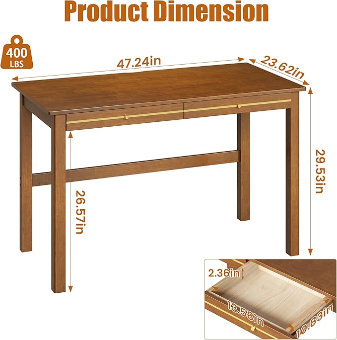 100% Solid Wood Desk with Drawers - 47.2 Inch Mid Century Modern Desks, Vintage Writing Desk with Drawers, Simple Work Study Table, Home Office Desks for Bedroom & Home, Walnut Color
