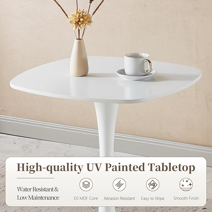 White Square Dining Table,24" Tulip Table with Metal Pedestal,15-Minute Quick Assembly,Mid Century Modern Circle Table for Kitchen Small Places Cafe (White)