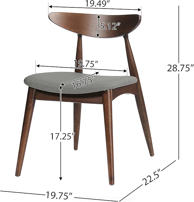 Mid-Century Modern Rectangular Dining Table with 4 Chairs, Solid Rubberwood Frame, Light Gray and Walnut Finish, Fabric Seats with Polyurethane Foam Filler, 4-Leg Base