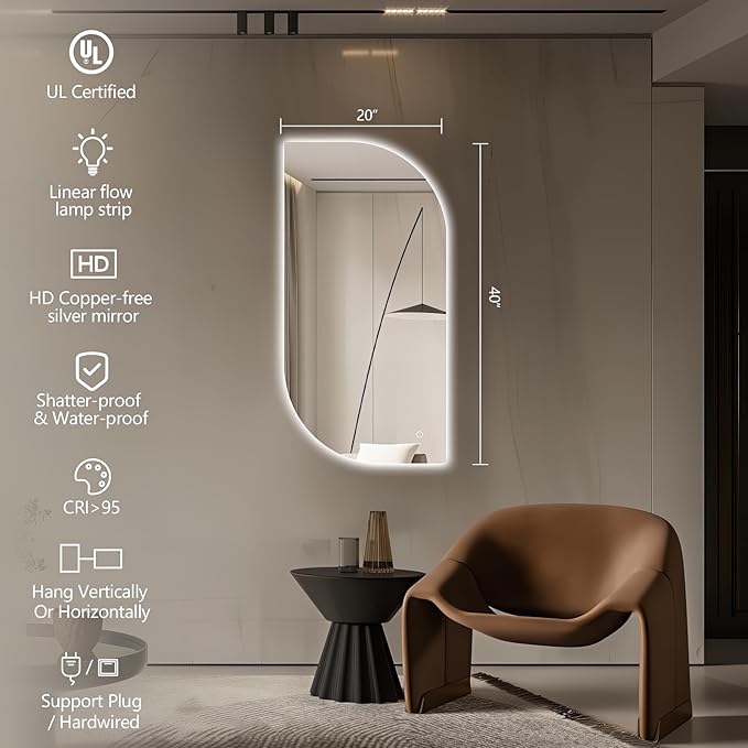 LED Bathroom Mirror with Lights, 40x20 Inch Leaf LED Backlit Mirror Irregular, Anti-Fog, Dimmable Light, Asymmetrical Vanity Mirror for Makeup, UL Listed, Room Decor for Bedroom Horizontal/Vertical