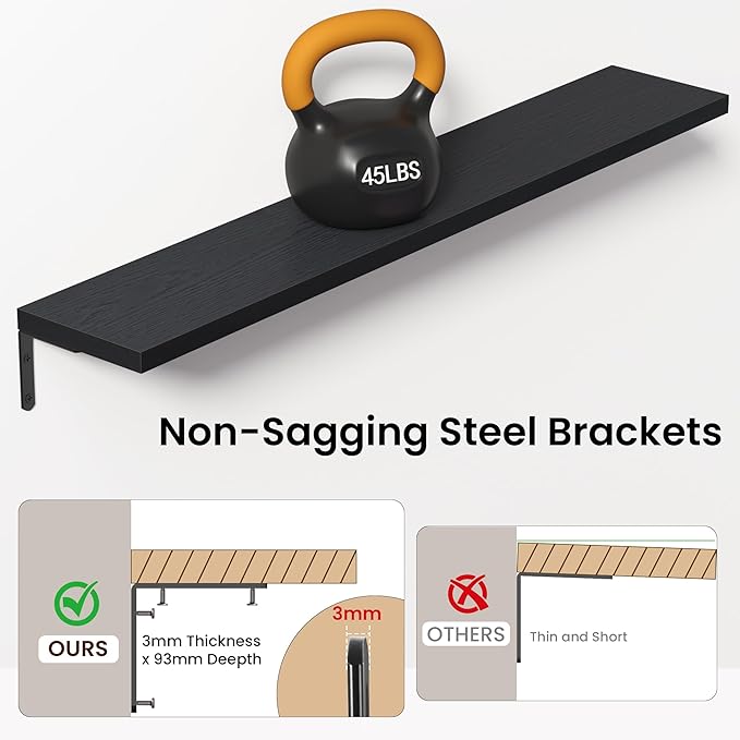 Marsmiles Extra Wide Floating Shelves for Wall, 48x8 Inch Natural Wood Grain Bookshelves, Heavy Duty Mounted Shelving for Bathroom, Kitchen, Living Room, Bedroom,Set of 2，Black