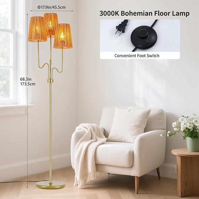 MAYNA 68" Boho Rattan Floor Lamp, 3-Light Gold Tree Floor Lamp with Hand-Woven Wicker Shades, Tall Standing Lamp with Foot Switch for Living Room, Bedroom, Nursery, Rustic Coastal Decor