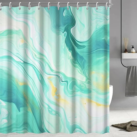Turquoise Shower Curtain, Modern Teal and Gold Marble Shower Curtain for Bathroom Aesthetic Waterproof Shower Curtain Set with Hooks, 72x84 Inch