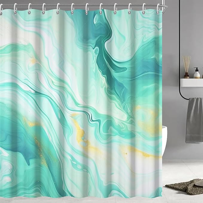 Turquoise Shower Curtain, Modern Teal and Gold Marble Shower Curtain for Bathroom Aesthetic Waterproof Shower Curtain Set with Hooks, 72x78 Inch