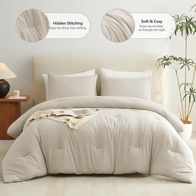 CozyLux King Size Comforter Set Oatmeal, 3 Pieces Lightweight Down Alternative Quilted Bedding Sets, Gray All Season Soft Breathable Solid Comforter with 2 Pillowcases, Luxury Bed Set Gift for Home
