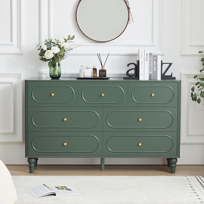 ORRD Fluted 7 Drawer Dresser for Bedroom, Mid Century Modern Chest of Drawers, Wood Storage Large Dresser Organizer for Bedroom Living Room Hallway Closet, Green