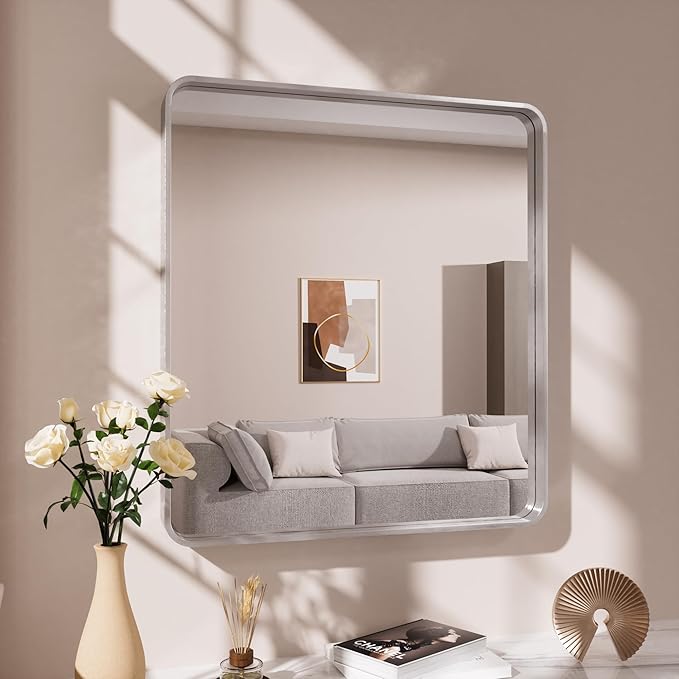 Brushed Nickel Bathroom Mirror, 30x36 Inch Thick Silver Metal Rectangle Frame Wall Mirror, Modern Round Corner Bathroom Vanity Mirror for Over Sink, Bedroom, Living Room, Entryway