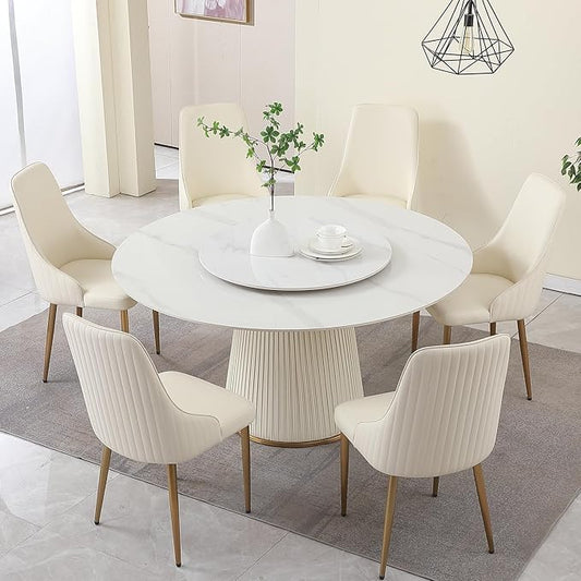 7-Piece Round Marble Dining Table Set, 59" D Round Dining Room Table with 31.5" Removable Lazy Susan Turntable, 1 Table & 6 Chairs Set for Dining Room, Kitchen