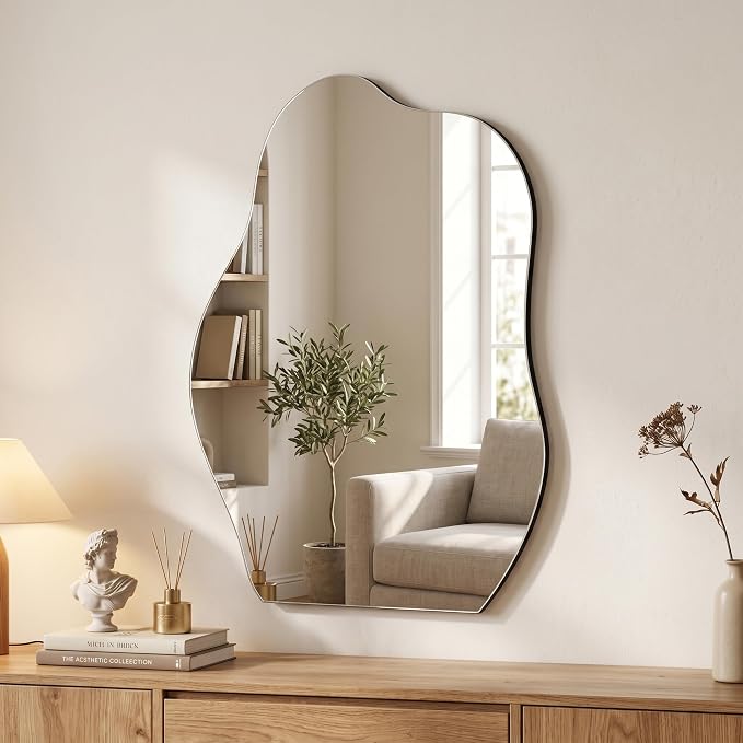 HARRITPURE Irregular Bathroom Mirror 22"x32" Black Modern Wall Mirror Wood Framed Asymmetrical Decorative Mirrors for Bedroom Living Room Entryway