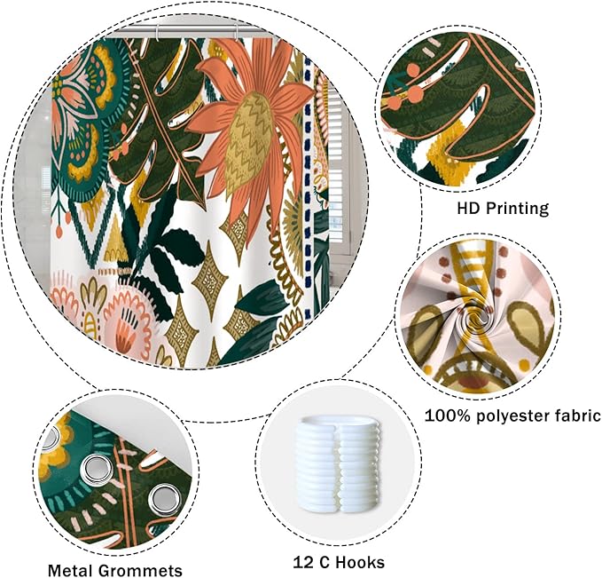 Bohemian Floral Bathroom Shower Curtain - Colorful Boho Leaves Flowers with Hooks - Polyester Waterproof Fabric Paisley Unique Trendy Woman Shower Curtain Decor, 48x72 Inch