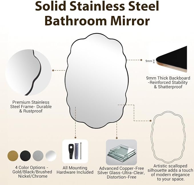 ANDY STAR Matte Black Scalloped Wall Mirror -24x36 Irregular Bathroom Vanity Mirror for Vanity, Living Room & Entryway, Anti Rust Stainless Steel Wall Mount Horizontal or Vertical
