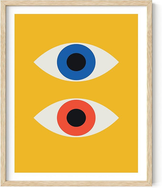 HAUS AND HUES Mid Century Modern Wall Art - Retro Evil Eye Decor, Bauhaus Yellow Wall Art, Large Abstract Art Print (Beige Frame, 16x20)