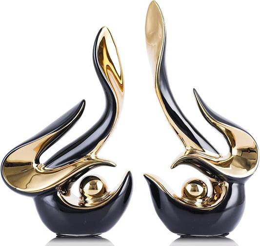 XMGZQ Mid Century Modern Abstract Art Home Decor Accent,Porcelain Statues for Living Room Coffee Table Centerpieces for Dining Room,Ceramic Sculptures and Gold Knick Knacks for TV Stand Decor (Black)