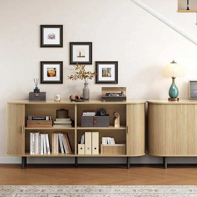 Buffet Cabinet with Storage, Fluted Sideboard Buffet with Sliding Door, Coffee Bar Cabinet with Adjustable Shelf, Console Table, Accent Table for Entryway, Kitchen (Oak, 63 Inch)