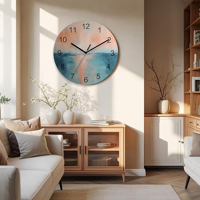Oil Painting Style Wall Clock Battery Operated Non-Ticking 12" Round Wood Clocks, Abstract Yellow Blue Ocean Sunset Kitchen Wall Clock for School Bathroom Living Room Home Office Wall Decor