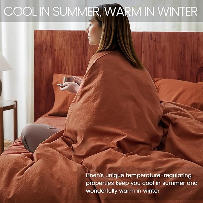 2Pcs Organic Linen Duvet Cover Twin Size, 100% French Linen from Normandy, Soft & Durable Terracotta Bedding Set Comforter Cover with 1 Pillowcases, 1 Duvet Cover with Zipper