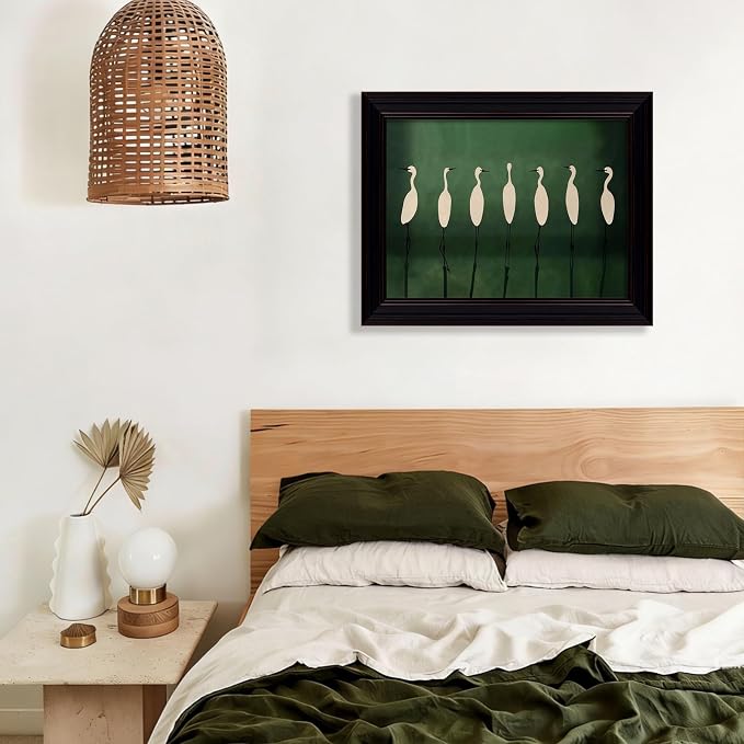 Japanese Cranes Wall Art 16x20 inch Vintage Framed Retro Bird Animal Canvas Poster Nature Minimalist Green Home Prints for Living Room Bedroom Office Decor