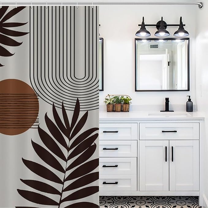 Mid Century Abstract Boho Shower Curtain Geometric Neutral Beige Modern Leaf Plant Semicircle Art Waterproof Shower Curtains for Bathroom Decor 12 Pack Hooks 66x72in（168x183cm）