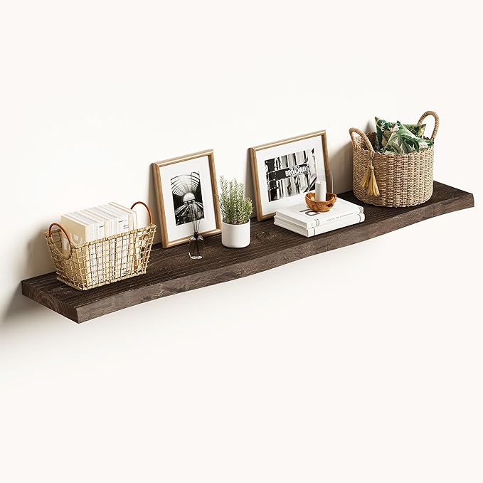 Vivelove Live Edge Floating Shelves for Wall Solid Elm Wood, Rustic Farmhouse Wall Shelf with Invisible Bracket for Living Room Bedroom Bathroom Office Book, 48 Inches - Set of 1 - Dark Walnut