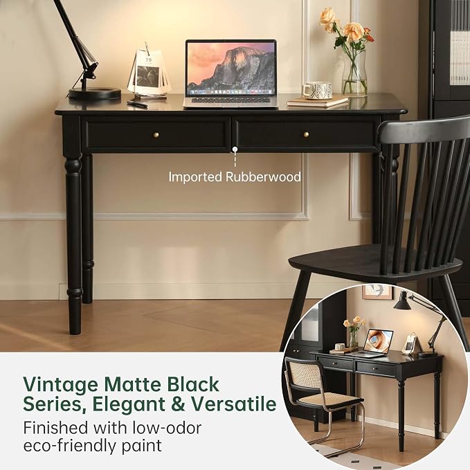Solid Wood Computer Desk with Double Drawers, Black Vintage Rubber Wood Writing Desk for Home Office 47.2"