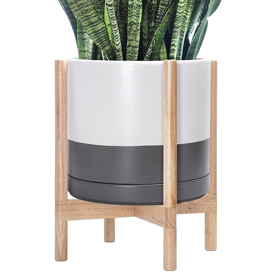 D'vine Dev Ceramic Planter with Natural Stand - 14 Inch Modern Round Flower Pot with Wood Planter Holder, White/Grey, 55-B-R-6