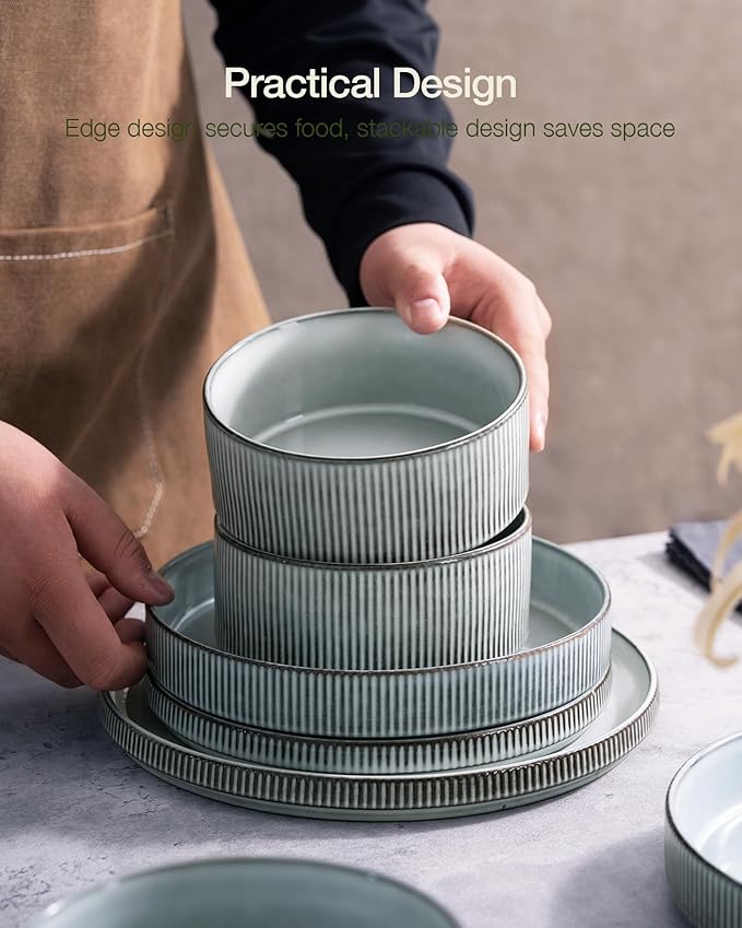 famiware Star Plates and Bowls Sets, Modern Stoneware Dinnerware Sets for 6, 18-Piece Kitchen Dish Set - Chip and Scratch Resistant, Microwave and Dishwasher Safe Tableware, Smoky Blue
