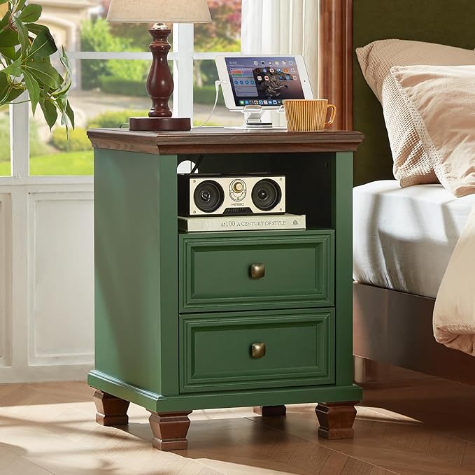 Farmhouse Nightstand Set of 2 with Charging Station, Rustic Green Nightstand,2 Drawers End Table for Living Room,Bedside Table with Open Shelf for Bed Room,Green