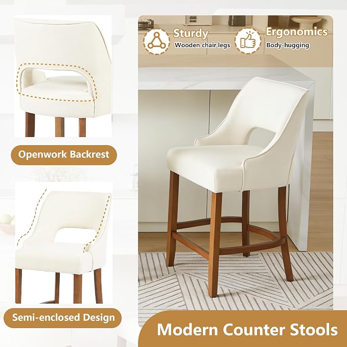 ClinQ Bar Stools Set of 6, 26" H Counter Height Bar Stools with Backs, Modern Upholstered Accent Barstools with Curved Footrest for Kitchen Island, Dining Room and Bar, Beige-Walnut Legs
