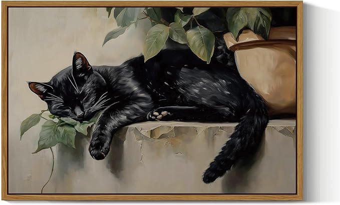 ARPEOTCY Vintage Framed Canvas Wall Art, Sleeping Black Cat Large Framed Wall Art for Living Room Bedroom, Vintage Rustic Animal Poster Prints for Bathroom Decor Aesthetic, 16x24 Inch