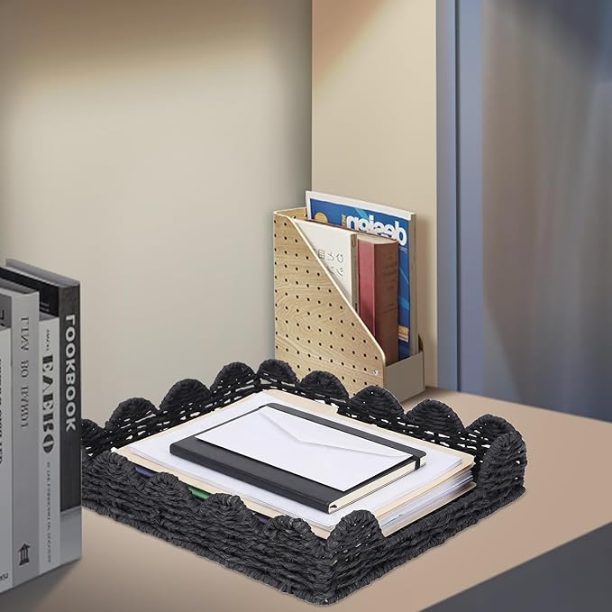 Woven Letter Tray, Paper Tray Organizer for Papers, Documents, Folders, Notebooks, and Stationery, Magazine File Holder, Mail Basket, Desk Organizers and Accessories, Office School Home Storage, Black