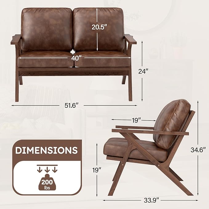 Bonzy Home 51.6" Loveseat Sofa Mid-Century Faux Leather Accent Chair, Upholstered 2-Seat Couch Loveseat with Solid Wood Frame and Cushions, Small Sofa Couch Armchair for Living Room, Bedroom,Brown