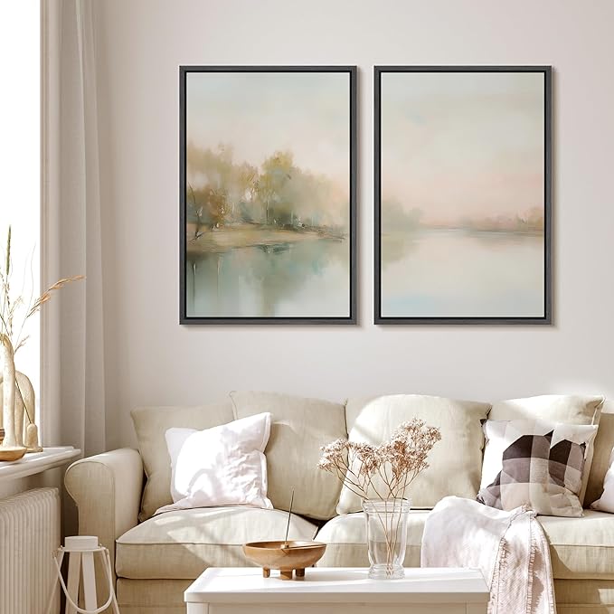 MUDECOR Framed Canvas Print Wall Art Tranquil Reflection Serene River Landscape Illustrations Modern Art Decorative Bohemian Chic for Living Room, Bedroom, Office - 24"x36"x2 Black