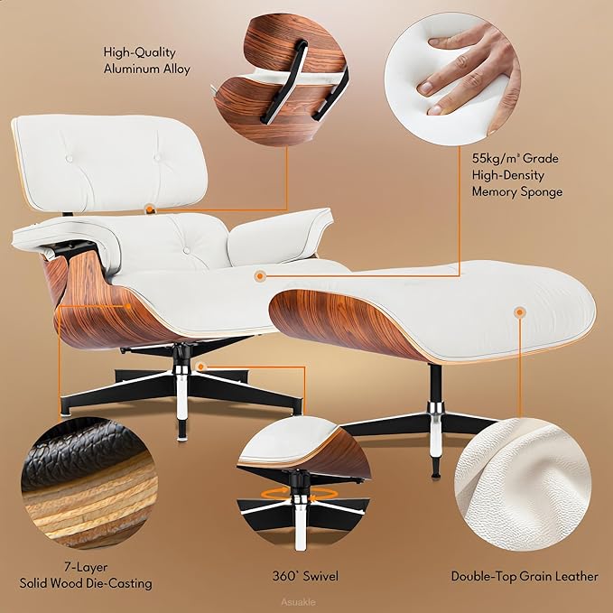 Top Grain Leather, Mid Century Chaise Lounge Chair and Ottoman, Modern Chair Classic Design, Heavy Duty Base Support for Living Room Study Lounge Office, Palisander-White, Heightening