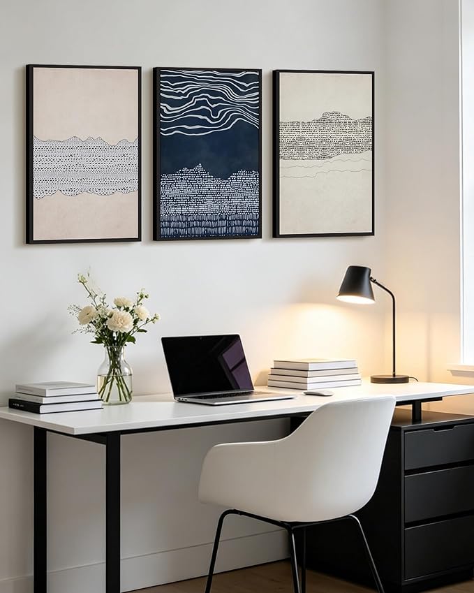 KUVIOKE Navy Blue Abstract Framed Wall Art Modern Neutral Minimalist Wooden Pastel Boho Wall Decor Farmhouse Rustic Art Painting Home Decor 16x24in (Black Framed)