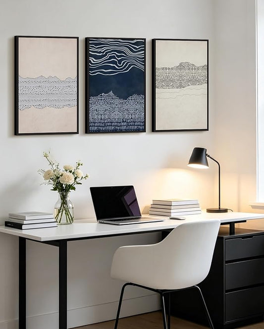 KUVIOKE Navy Blue Abstract Framed Wall Art Modern Neutral Minimalist Wooden Pastel Boho Wall Decor Farmhouse Rustic Art Painting Home Decor 16x24in (Black Framed)