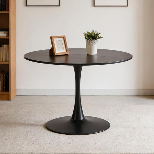 KEIKI 42.1" Round Dining Table, Mid Century Modern Bistro Table with Thickened MDF Tabletop & Metal Pedestal, for 4-6 People, Small Places, Cafe, Kitchen, Living Room, Black
